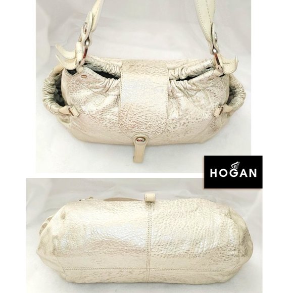 HOGAN Italy Creamy Beige Silver Metallic Hobo Slouchy Leather Large Shou… - Picture 6 of 13